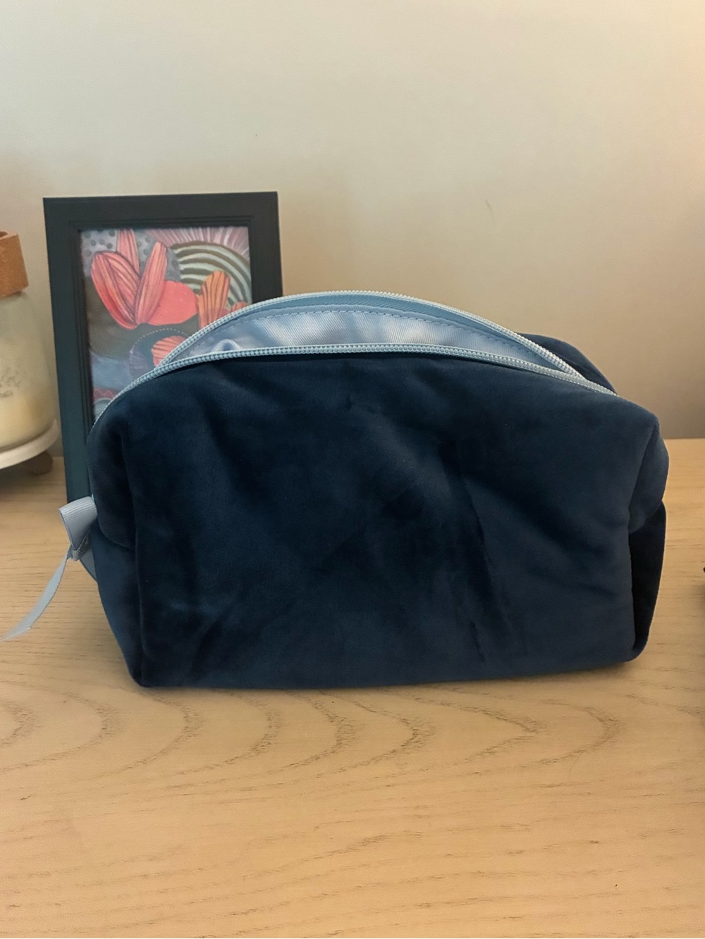 Velvet Cosmetic Pouch in Deep Navy with Light Blue Trim